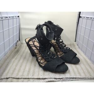 Vince Camuto Evel Women's Black Leather Caged Stacked Heel Sandals size 8.5M